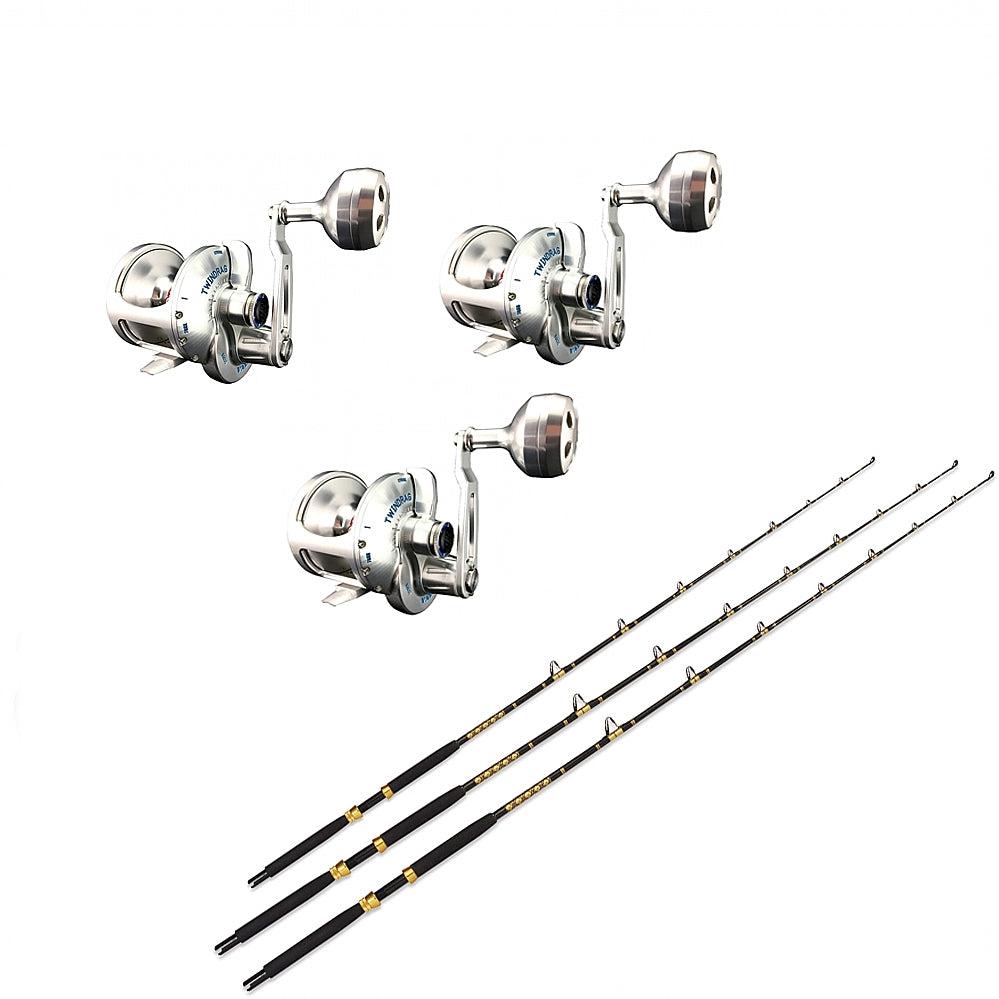 ACCURATE/CHAOS, 3 Accurate Valiant BVL-800S Silver with 3 CHAOS KC 20-40 7FT Live Bait Gold Rod Combo