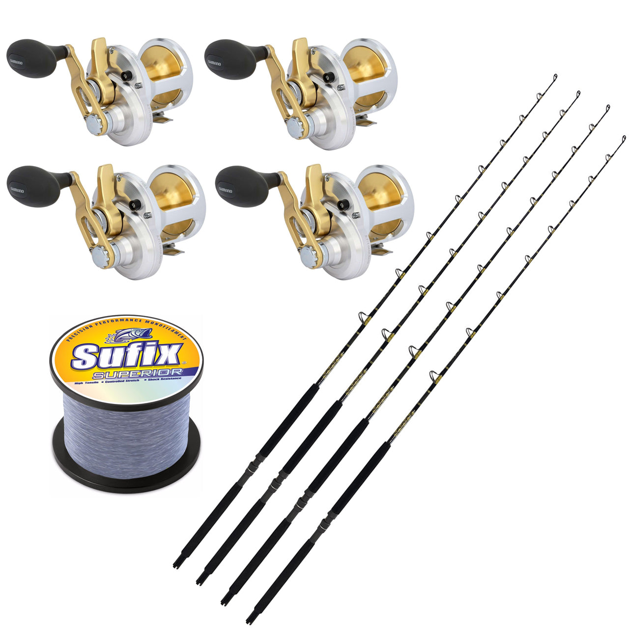 SHIMANO/CHAOS, 4 CHAOS KC15-30 7' Live Bait Rods and 4 Shimano TALICA 16 LD Reels Spooled with SUFIX Mono