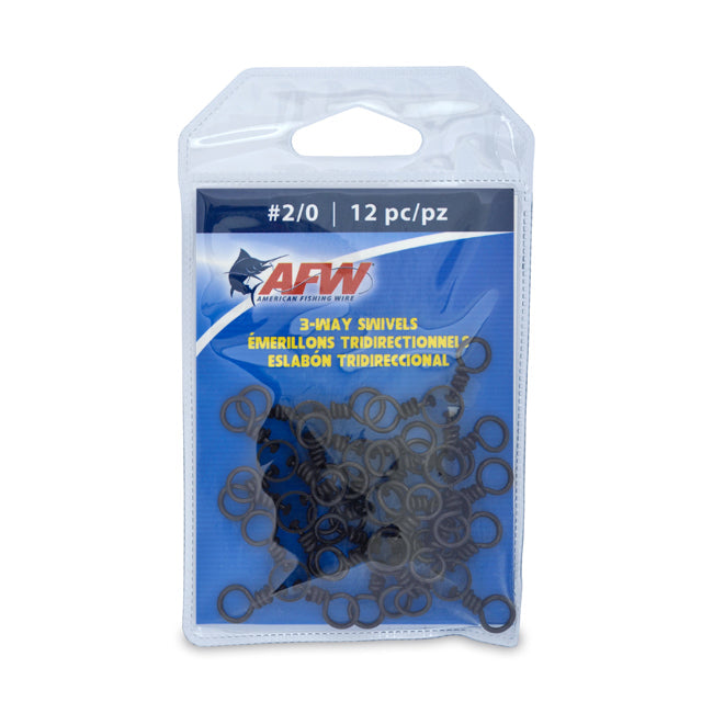 AMERICAN FISHING WIRE, AFW 3-Way Swivels with Stainless Steel Rings 12pc - Black