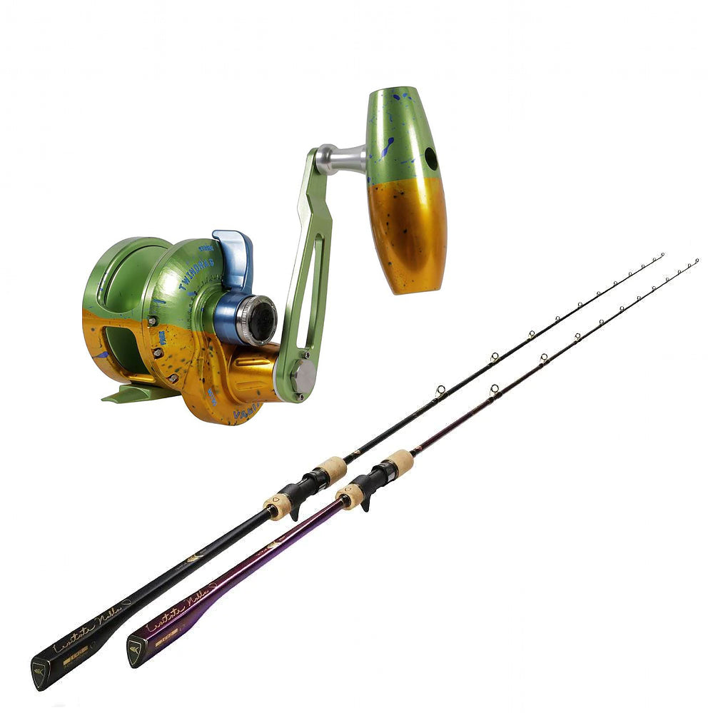 ACCURATE/TEMPLE REEF, Accurate Boss Valiant Slow Pitch 2-SPD Conventional Reel BV-500N-SPJ - Mahi with Temple Reef Levitate Nabla Matte Black 2 Combo